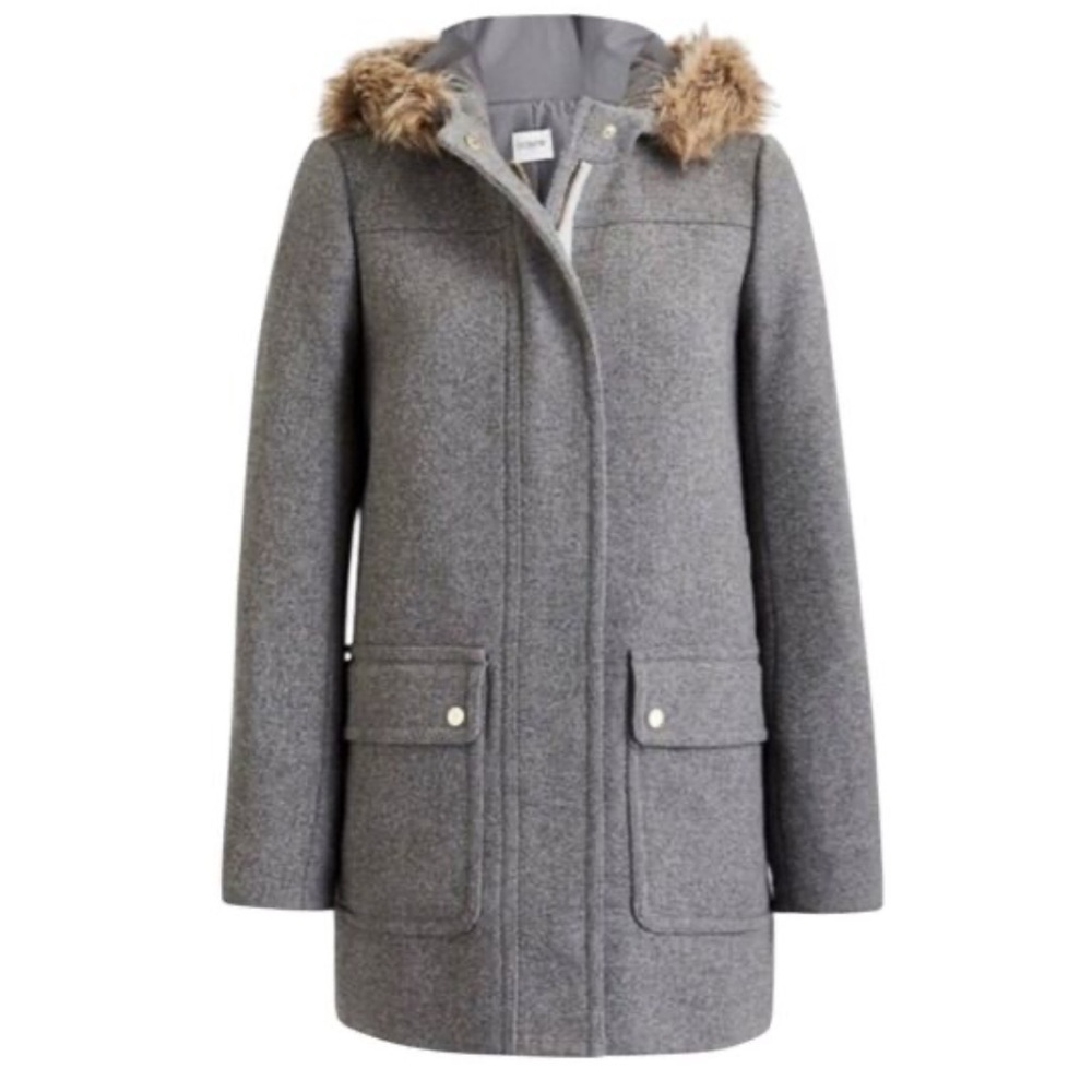 J.Crew Vail Parka Coat Wool Blend Faux Fur Hood Grey Winter Coat sz 12